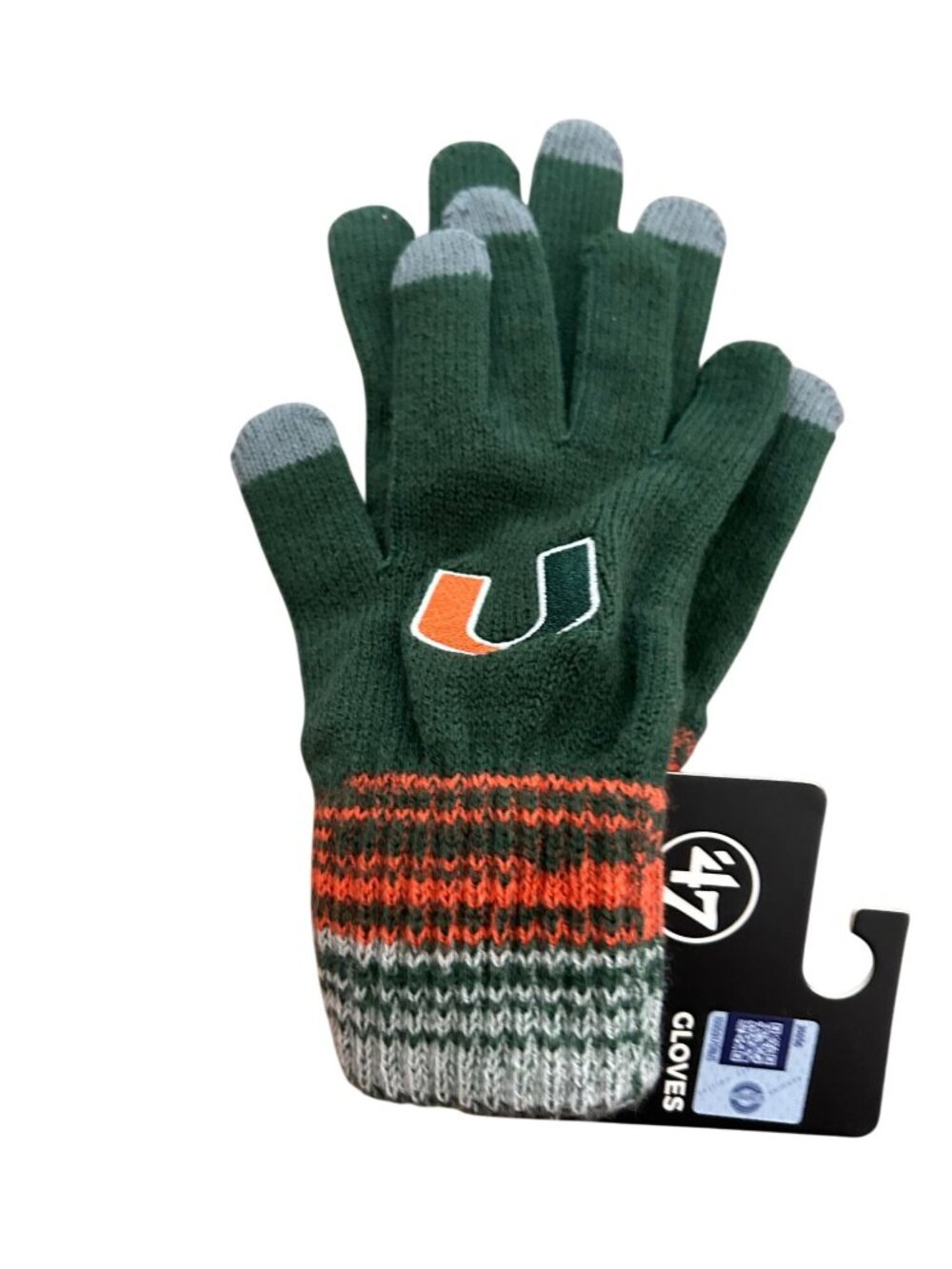 NWT Miami Hurricanes 47 Brand Knit Gloves Touchscreen Compatible Green & Orange